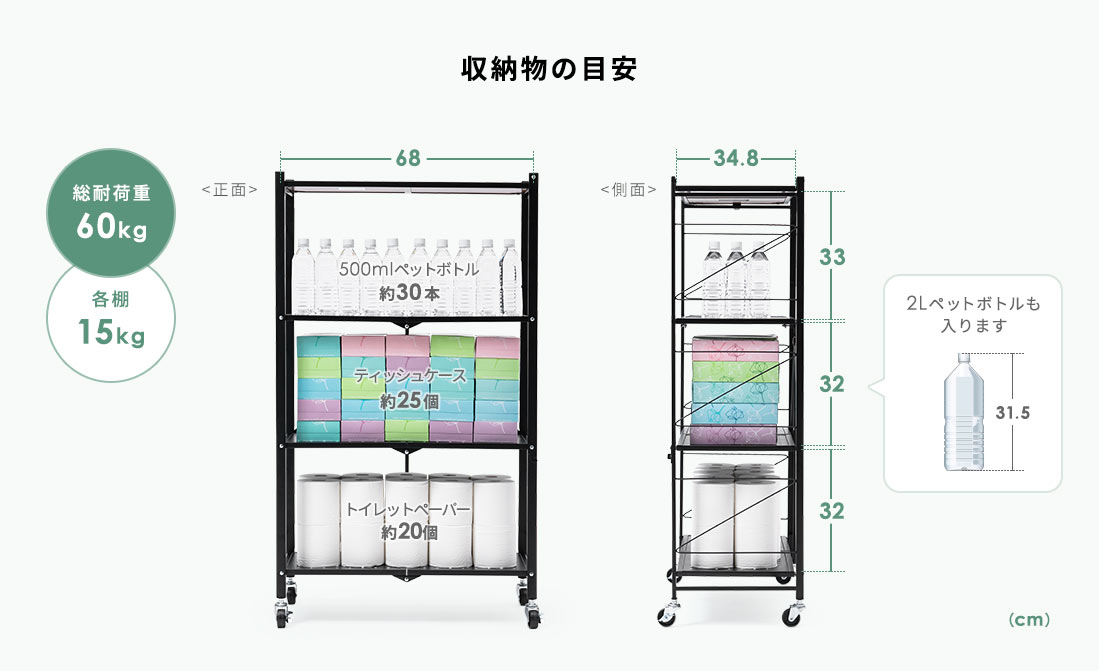 収納物の目安 総耐荷重60kg 各棚15kg