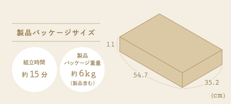 製品パッケージサイズ 組立時間約15分 製品パッケージ重量約6kg（製品含む）