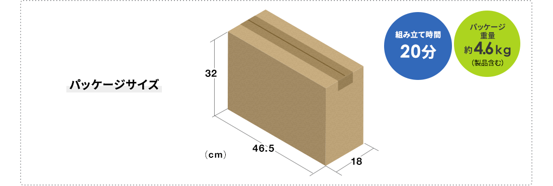 パッケージサイズ 組み立て時間20分 パッケージ重量約4.6kg(製品を含む)