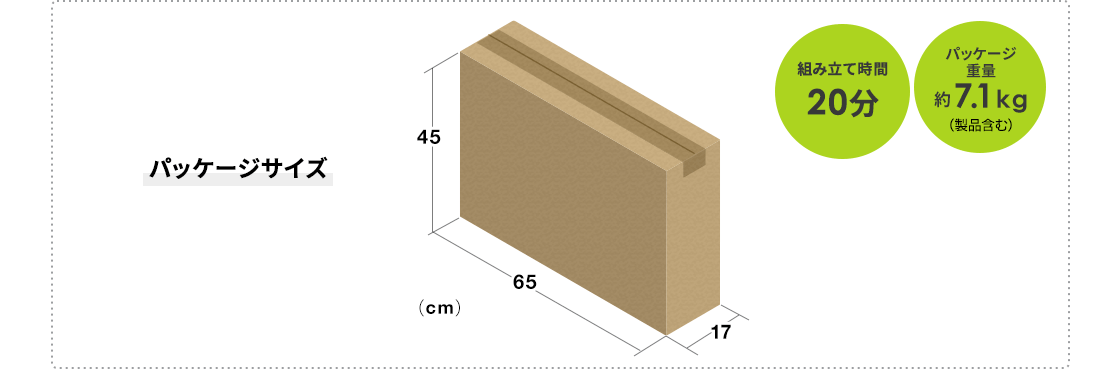 パッケージサイズ 組み立て時間20分 パッケージ重量約7.1kg(製品含む)