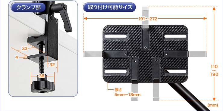 クランプ部・取り付け可能サイズ