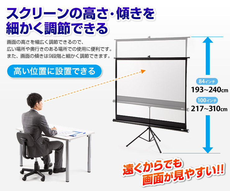 スクリーンの高さ・傾きを細かく調節できる