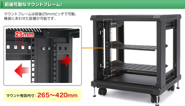 前後可動なマウントフレーム　マウントフレームは前後25mmピッチで可動。機器に合わせた設置が可能です。