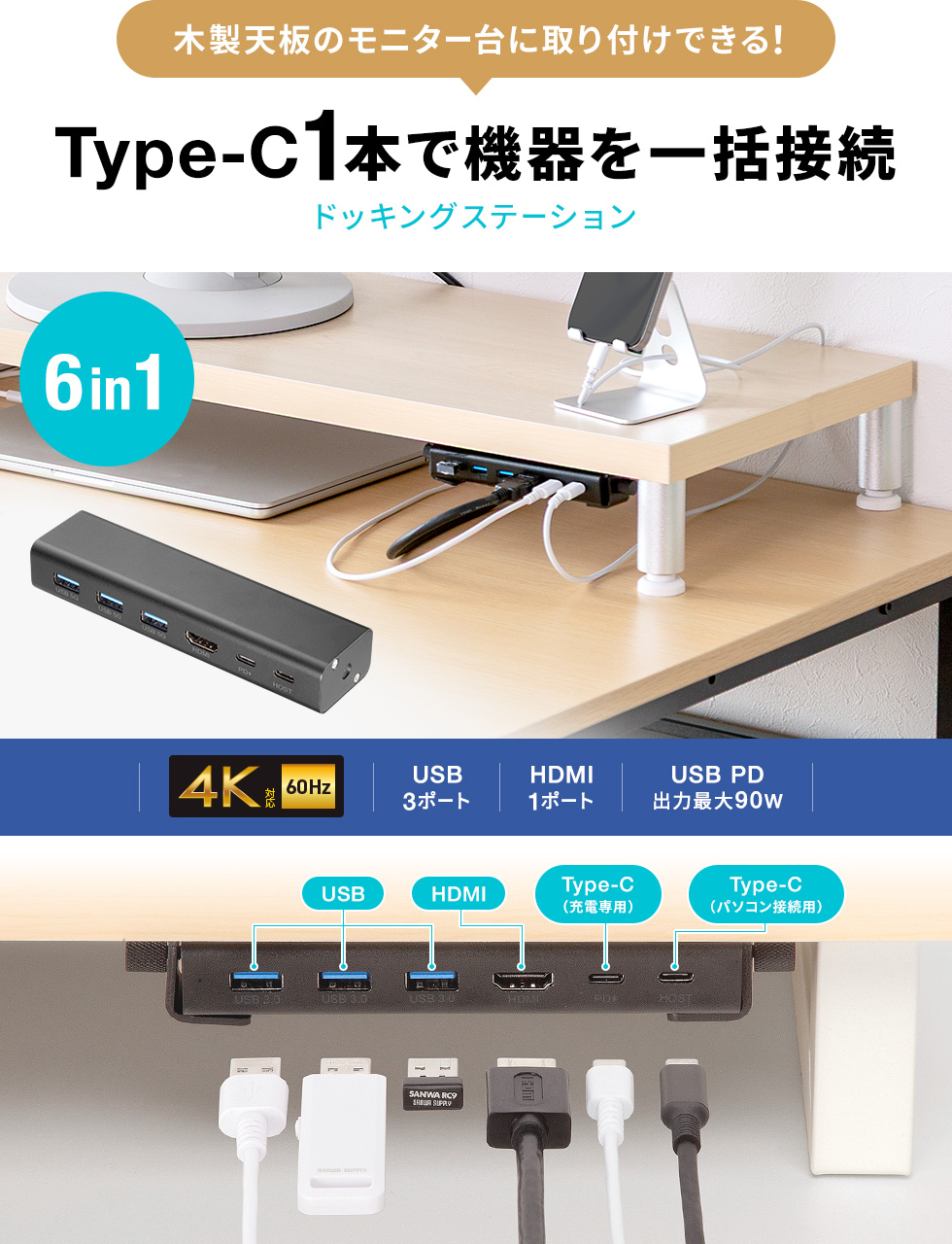 eモニター台に取り付け可能なUSBドッキングステーション。
