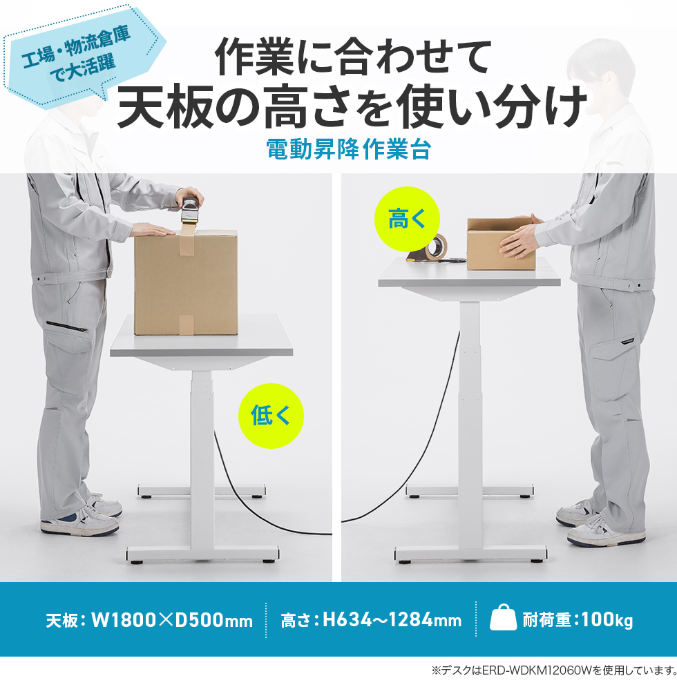 耐荷重100kg、工場、物流倉庫などでの作業台に最適な電動上下昇降作業台。天板メラミン化粧板・幅1800×奥行き500×高さ634～1284mm。