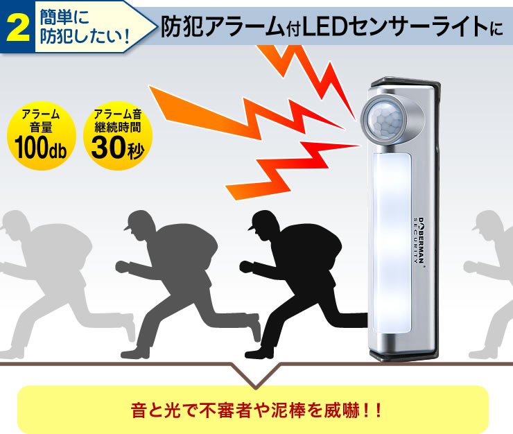 防犯アラーム付きLEDセンサーライトに