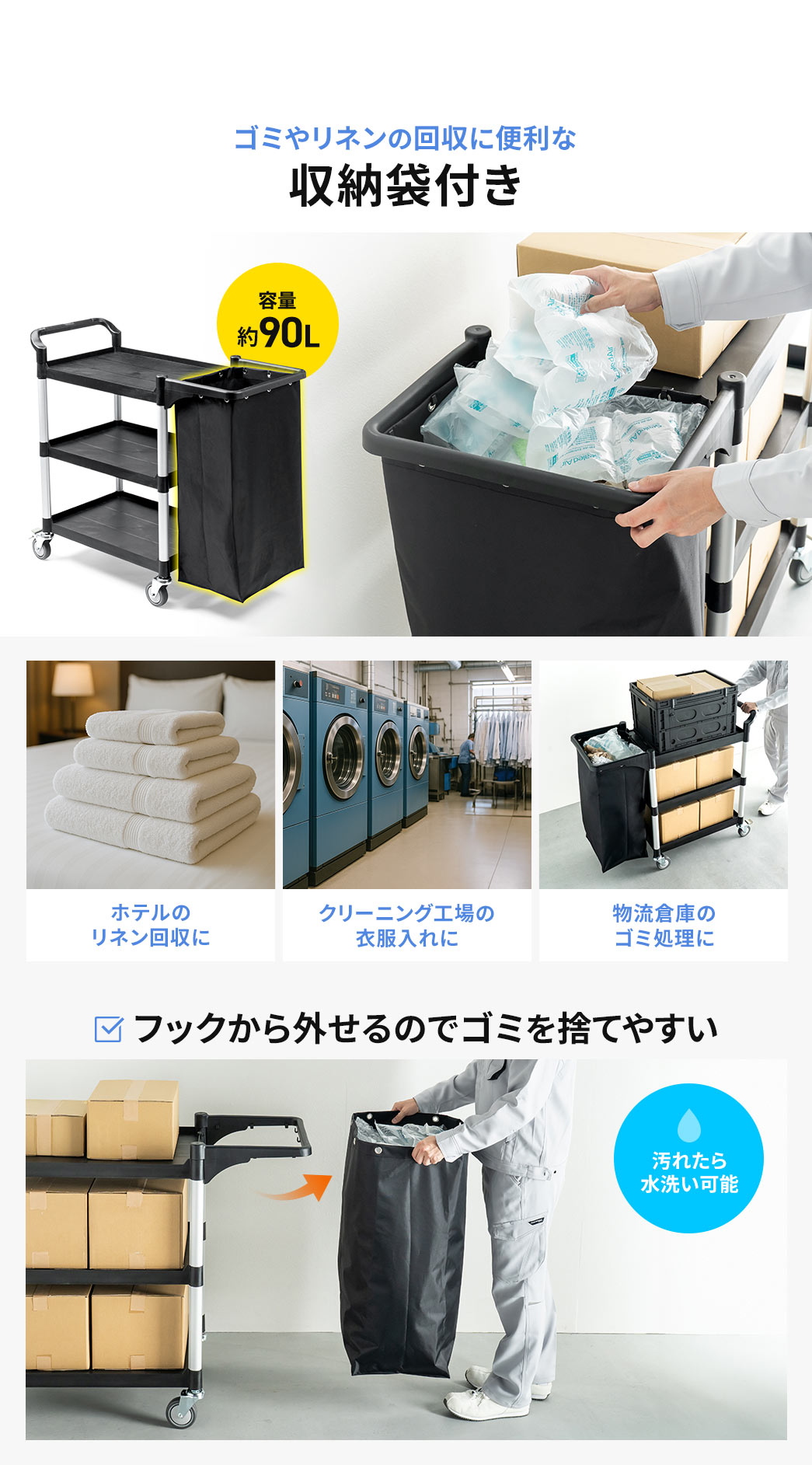 ゴミやリネンの回収やクリーニング工場の衣服入れに便利な容量約90Lの収納袋付き。フックから外せるのでゴミを捨てやすく汚れたら水洗い可能です。