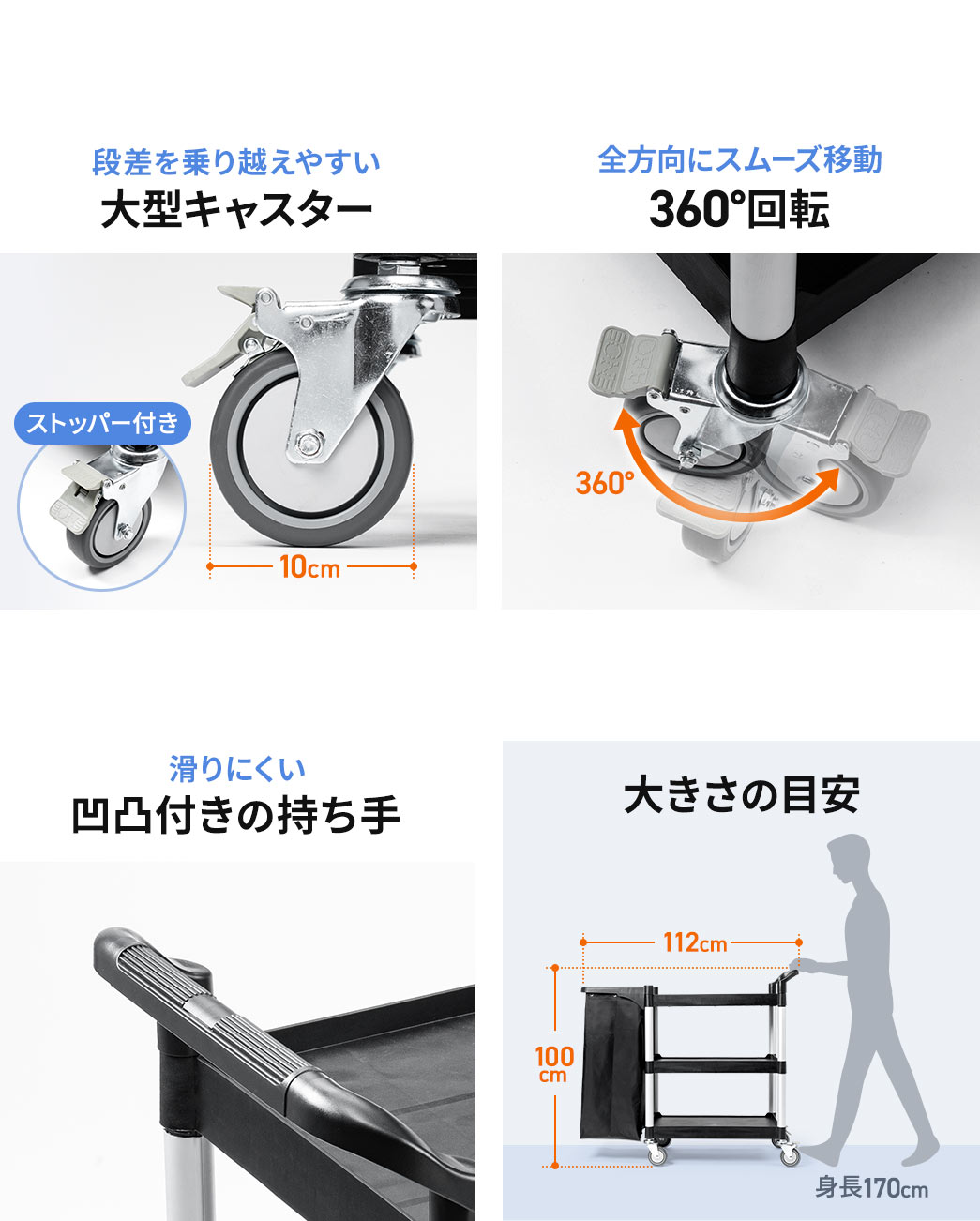 ストッパー付きの直径10cmの大型キャスター段差を乗り越えやすく、キャスターは360°回転するので全方位にスムーズに移動できます。持ち手には凹凸が付いており、滑りにくい設計になっています。