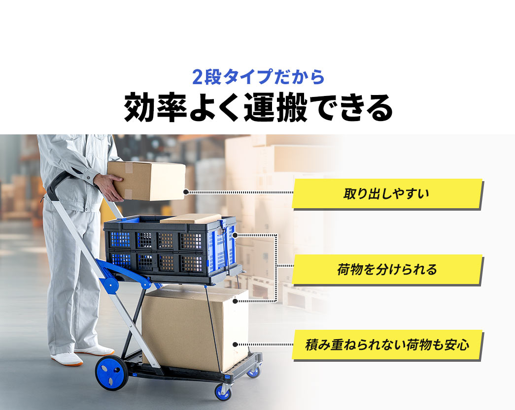 2段タイプで効率よく運搬でき、取り出しやすい荷物を分けられて、積み重ねできない荷物も安心して運べます。