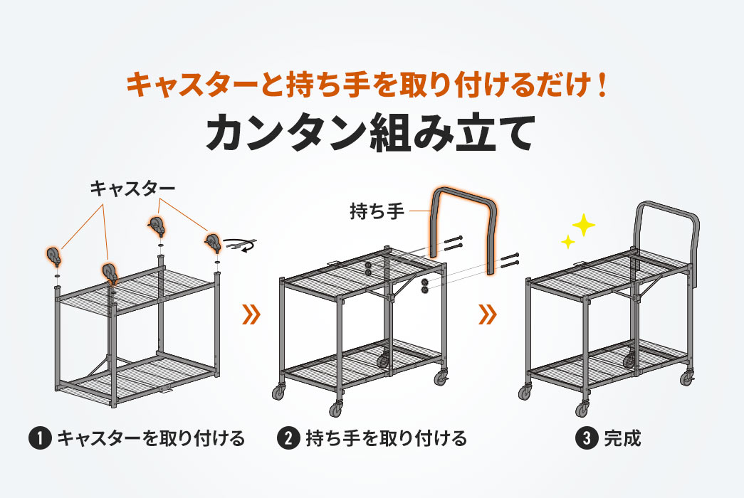 キャスターと持ち手を取り付けるだけ！カンタン組み立て。