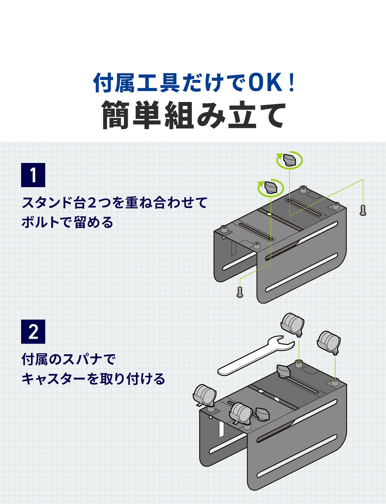 付属工具だけでOK!スタンド台2つを重ね合わせてボルトで留め、付属のスパナでキャスターを取り付けるだけの簡単組み立て