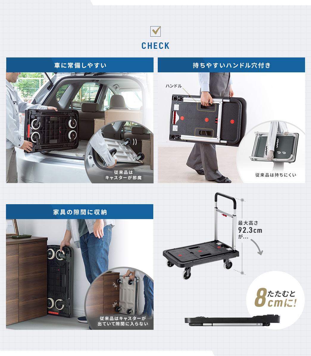 車に常備しやすい 持ちやすいハンドル穴付きハンドル 家具の隙間に収納