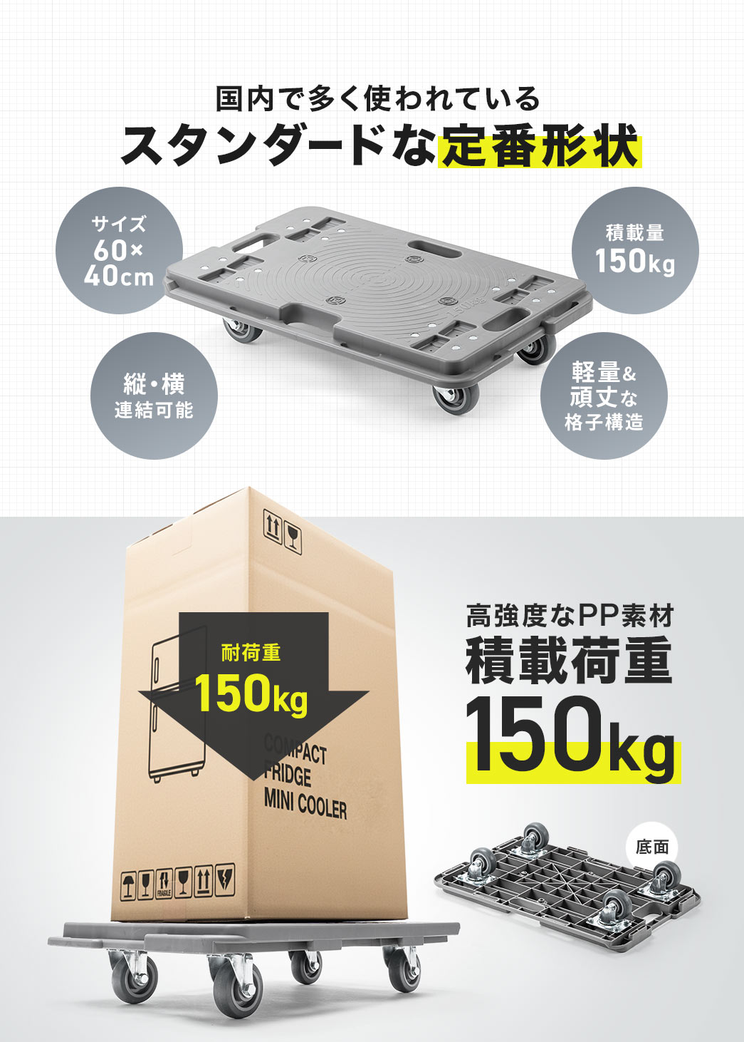 サイズ60×40cm、積載量150kg、縦・横の連結が可能で、軽量＆頑丈な格子構造の、国内で多く使われている、スタンダードな定番形状です。また、高強度なPP素材で、積載荷重150kgです。