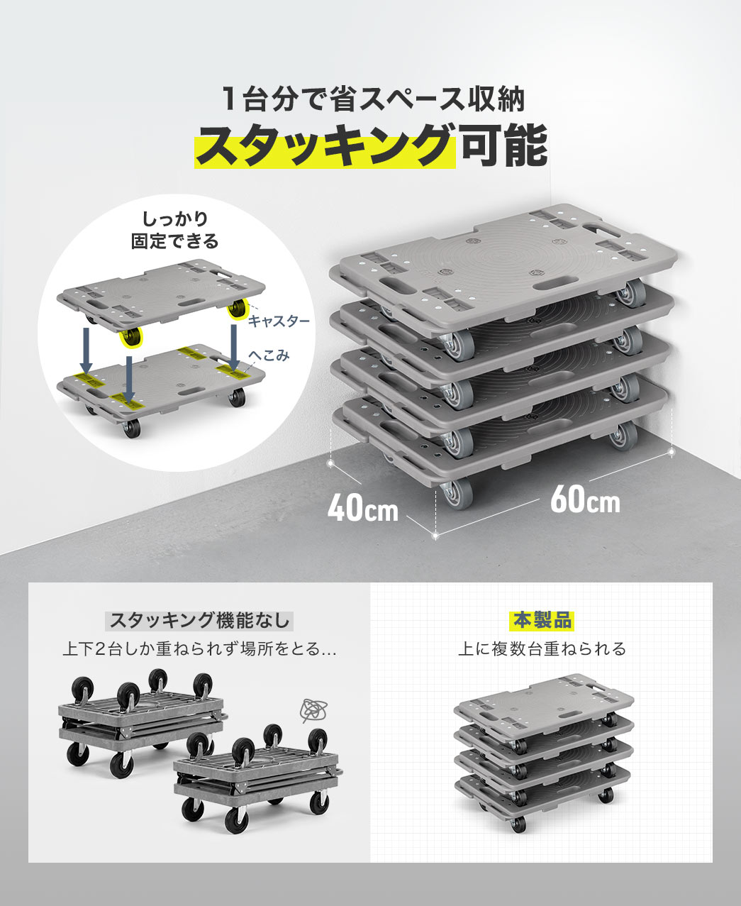 本製品は、上に複数台重ねられるスタッキングが可能なので、1台分で省スペースに収納でき、しっかり固定できます。