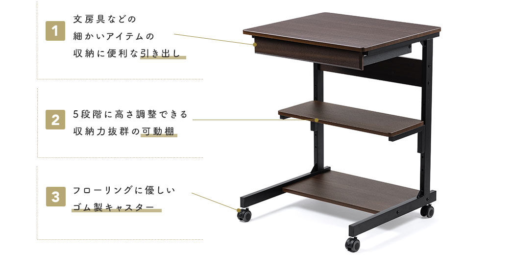 文房具などの細かいアイテムの収納に便利な引き出し5段階に、5段階に高さ調整できる収納力抜群の可動棚、フローリングに優しいゴム製キャスター。
