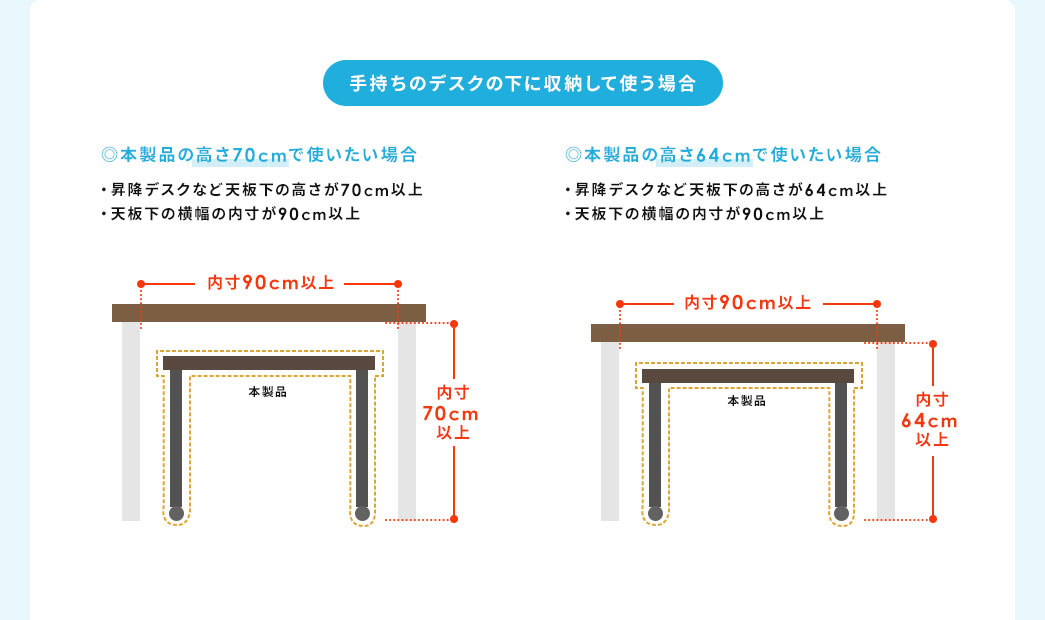 手持ちのデスクの下に収納して使う場合