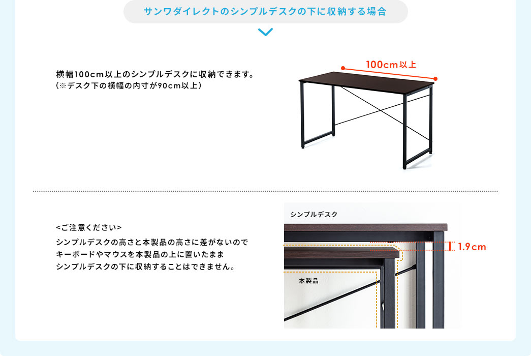 サンワダイレクトのシンプルデスクの下に収納する場合