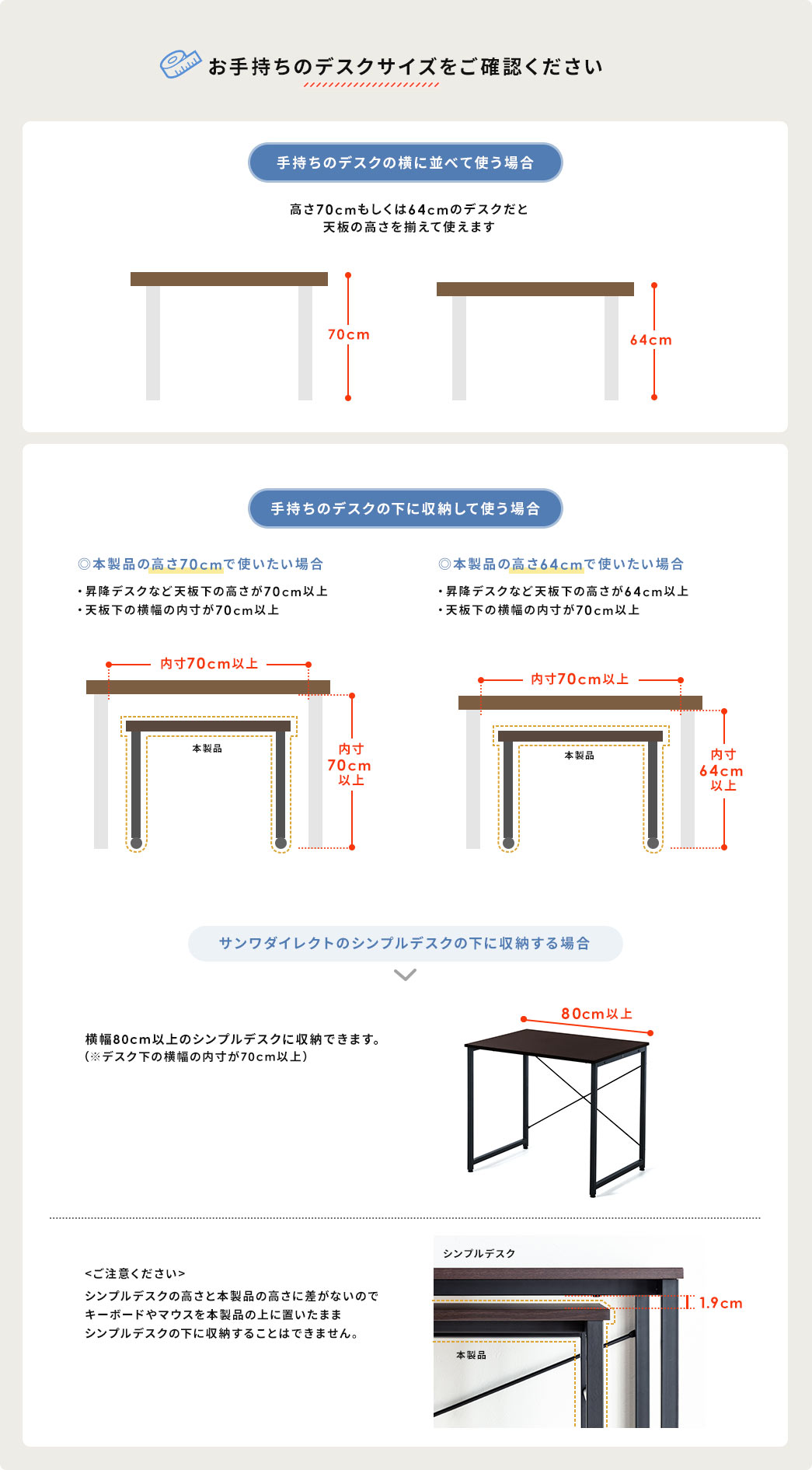 お手持ちのデスクサイズをご確認ください