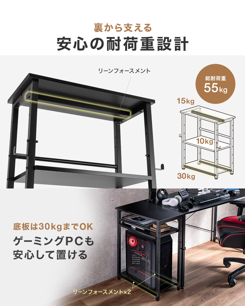 リーンフォースメントを採用し、裏から支える安心の耐荷重設計になっており、ゲーミングPCも安心して置くことができます。