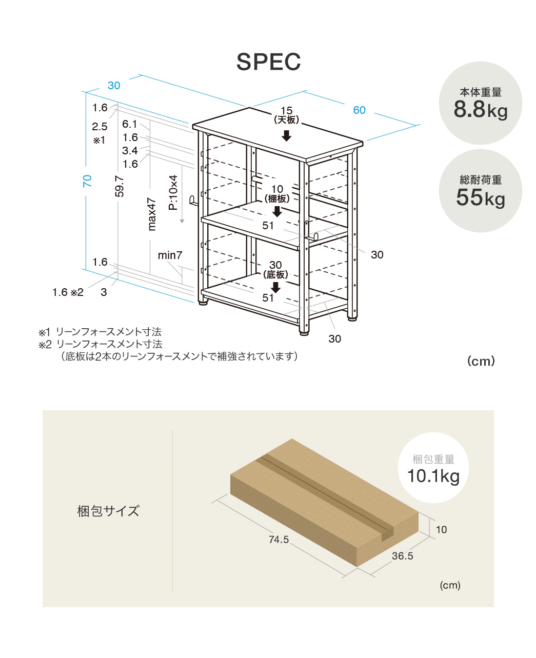 SPEC：幅60cm×奥行き30cm×高さ70cm、本体重量は8.8kg、総耐荷重は55kg。※1 リーンフォースメント寸法 ※2 リーンフォースメント寸法 （底板は2本のリーンフォースメントで補強されています）。梱包サイズは幅74.5cm×奥行き36.5cm×高さ10cm。