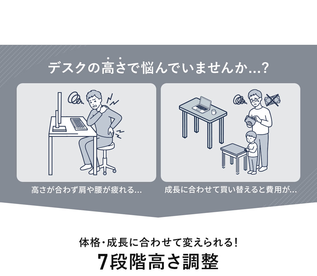 高さが合わず肩や腰が疲れる...成長に合わせて買い替えると費用がかかる...などデスクの高さで悩んでいませんか？本製品は7段階高さ調整で体格・成長に合わせて変えられる！