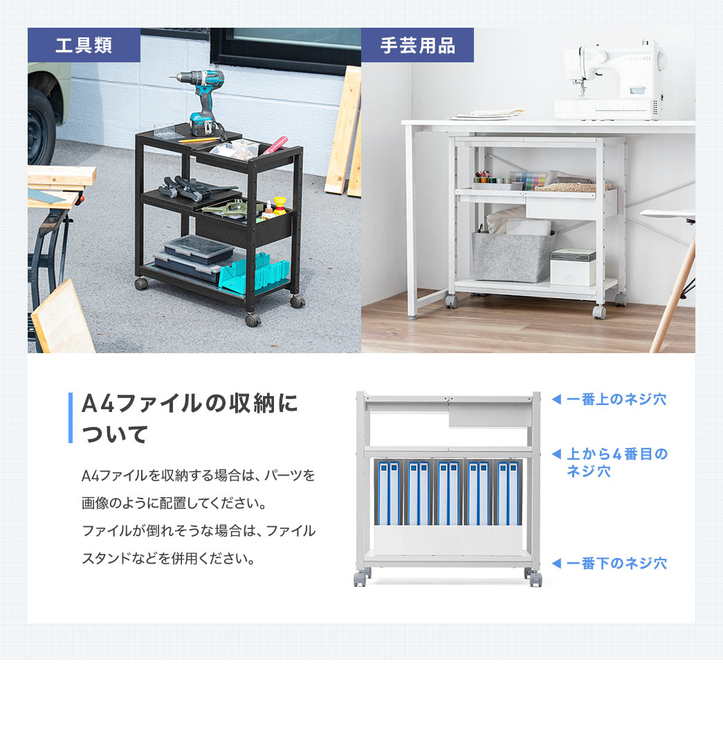 工具類や手芸用品の収納にもおすすめです。A4ファイルを収納する場合は、パーツを画像のように配置してください。ファイルが倒れそうな場合は、ファイルスタンドなどを併用ください。