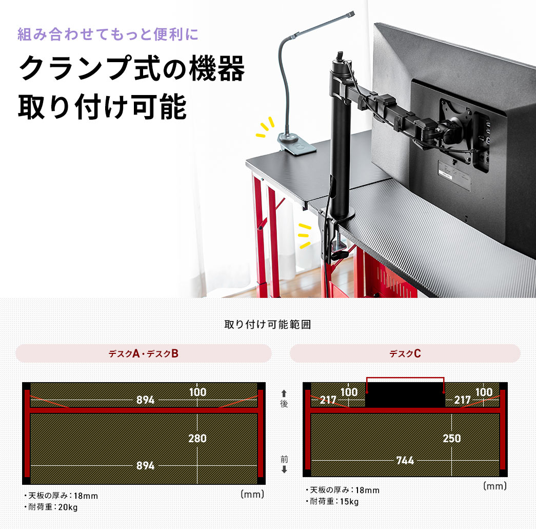 組み合わせてもっと便利に クランプ式の機器取り付け可能