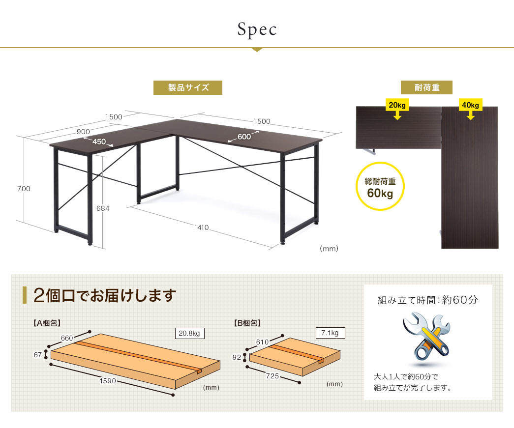 Spec：メイン天板のサイズは幅1500mm×奥行き600mm、サブ天板のサイズは幅900mm×奥行き450mmでデスクの高さは700mmです。耐荷重はメイン天板が40kg、サブ天板が20kgで総耐荷重は60kg。お届けは2個口で、組み立て時間は大人一人で約60分で組み立てが完了します。