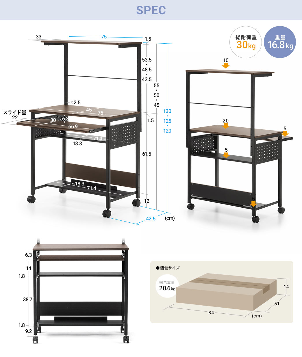 SPEC：総耐荷重30kg、重量16.8kg、梱包サイズは、横幅84cm、奥行き51cm、高さ14cmで梱包重量20.6kgです。