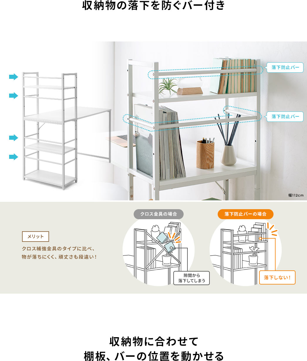 収納物の落下を防ぐバー付き メリット クロス補強金具のタイプに比べ、物が落ちにくく、頑丈さも段違い！ 収納物に合わせて棚板、バーの位置を動かせる