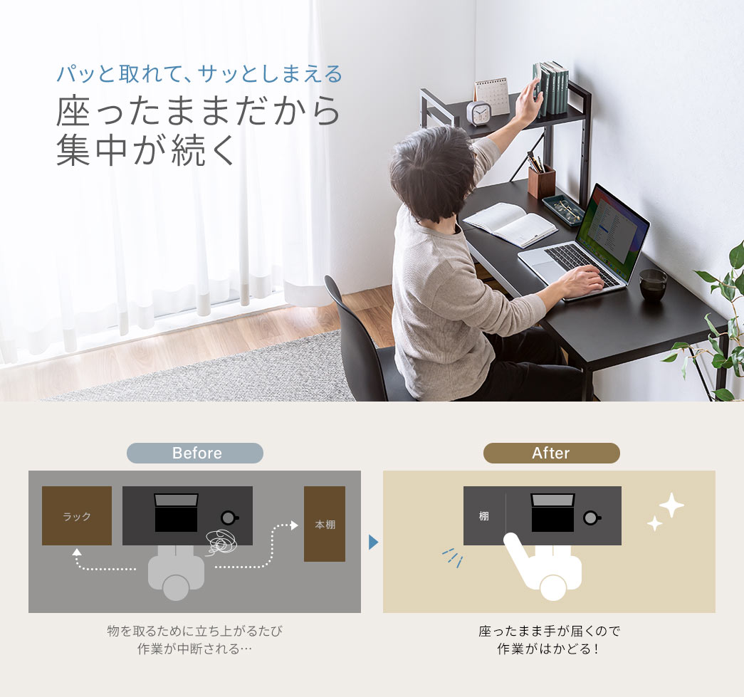 パッと取れて、サッとしまえる座ったままだから集中が続く