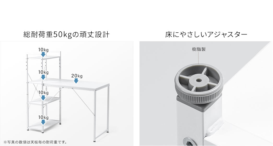 総耐荷重50kgの頑丈設計 床にやさしいアジャスター