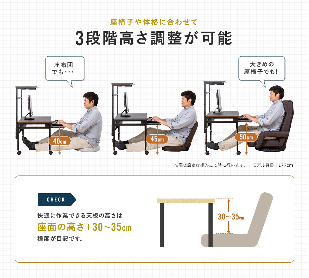 座椅子や体格に合わせて3段階高さ調整が可能