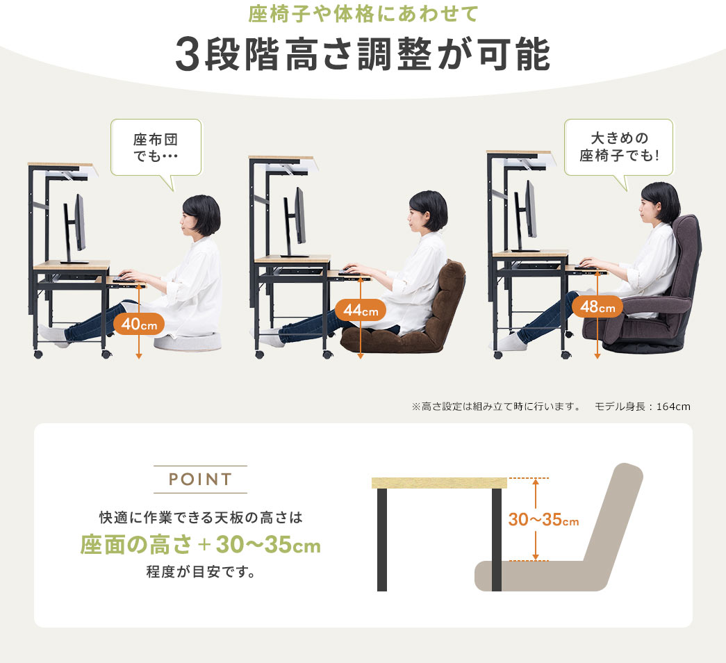 座椅子や体格にあわせて3段階高さ調整が可能 快適に作業できる天板の高さは座面の高さ+30～35cm程度が目安です。