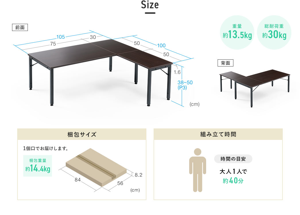 Size 重量約13.5kg、総耐荷重約30kg。組み立て時間は大人一人で約40分程度です。