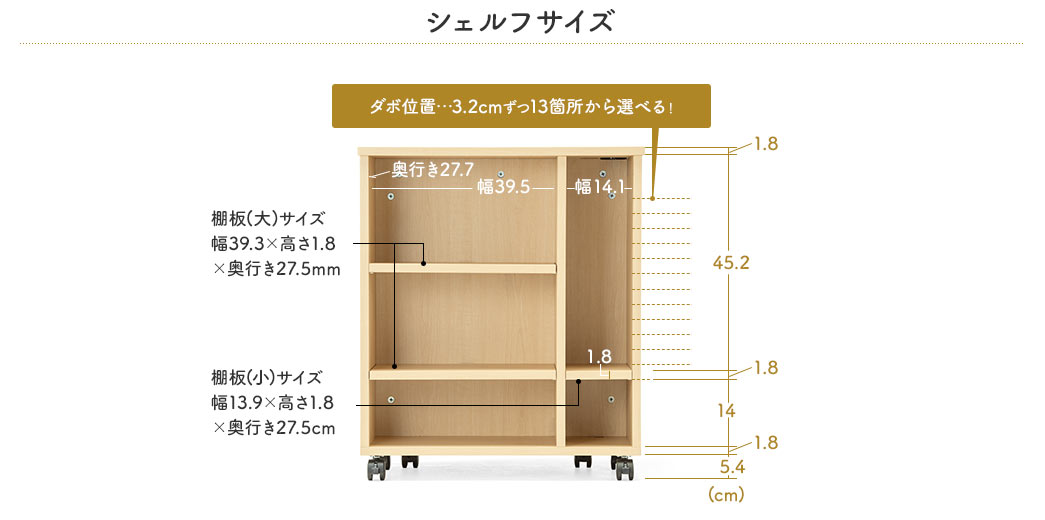 シェルフサイズ ダボ位置…3.2cmずつ13箇所から選べる！