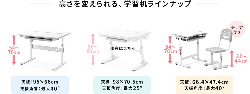 高さが変えられる、学習机ラインナップ