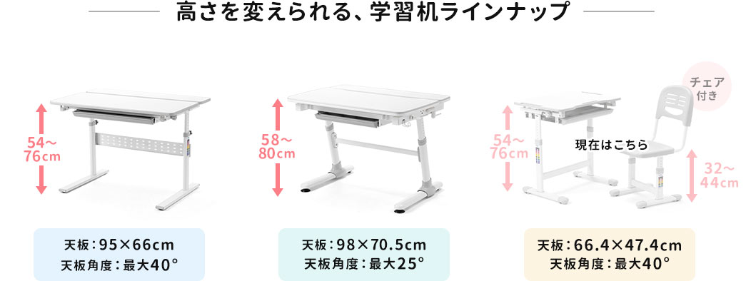 高さが変えられる、学習机ラインナップ