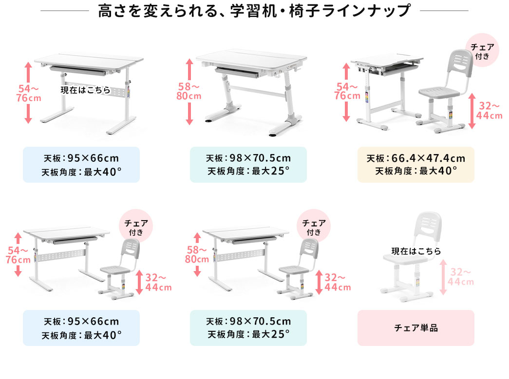 高さを変えられる、学習机・椅子ラインナップ