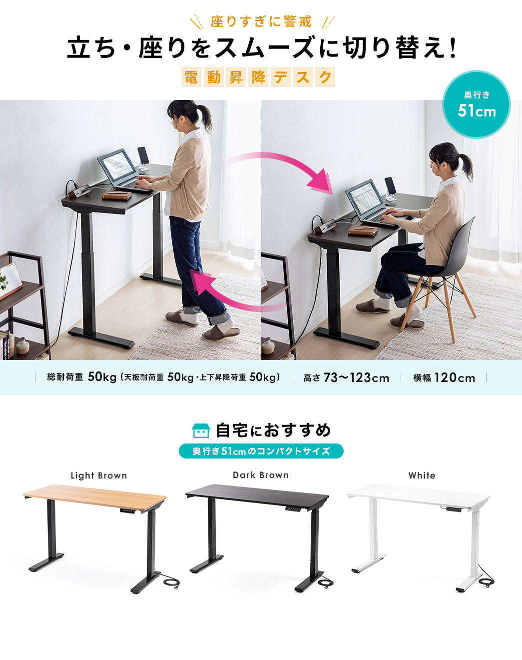 座りすぎに警戒 立ち・座りをスムーズに切り替え 電動昇降デスク 奥行き51cm 総耐荷重50kg 高さ73～123cm 横幅120cm