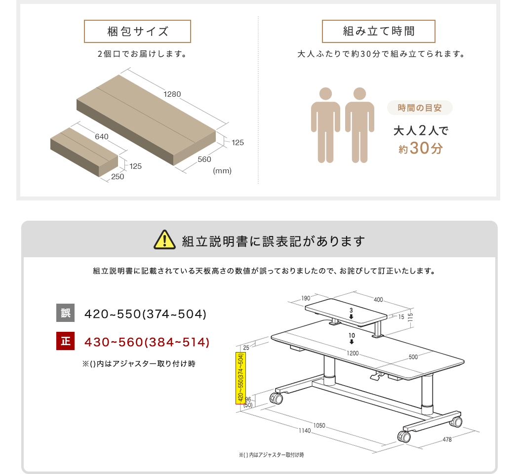 梱包サイズ 組み立て時間