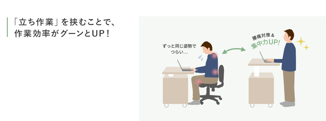 「立ち作業」を挟むことで、作業効率がグーンとUP！