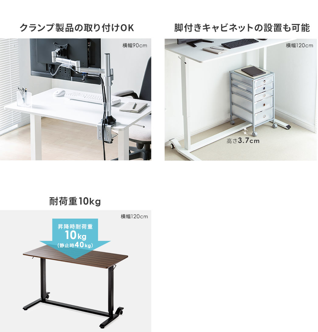 クランプ製品の取り付けOK 脚付きキャビネットの設置も可能 耐荷重10kg