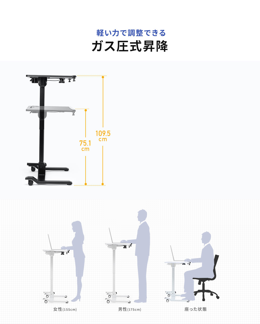 軽い力で調整できるガス圧式昇降。