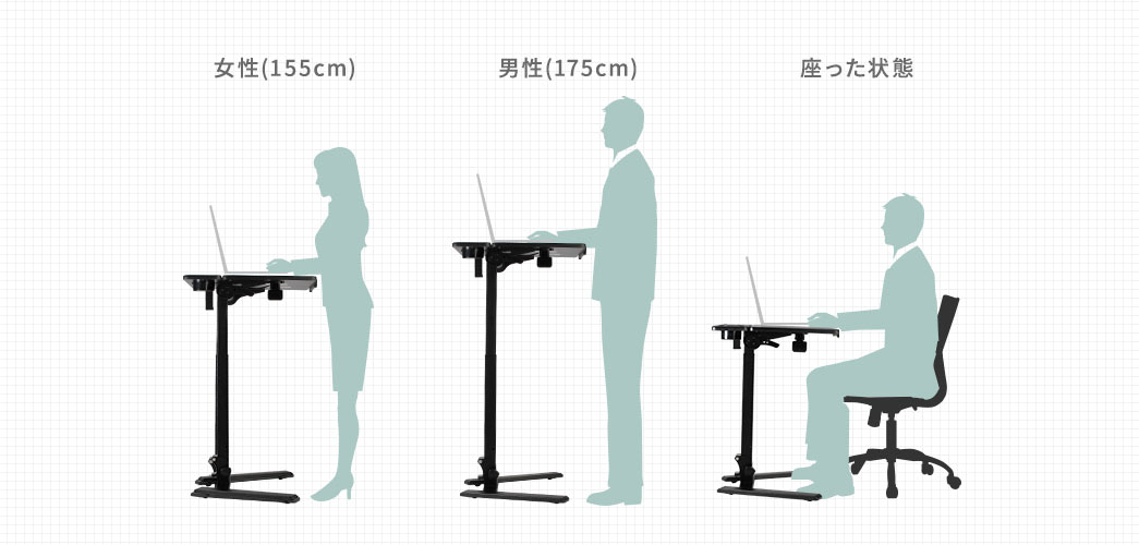 女性（155cm）、男性（175cm）、座った状態の使用イメージ