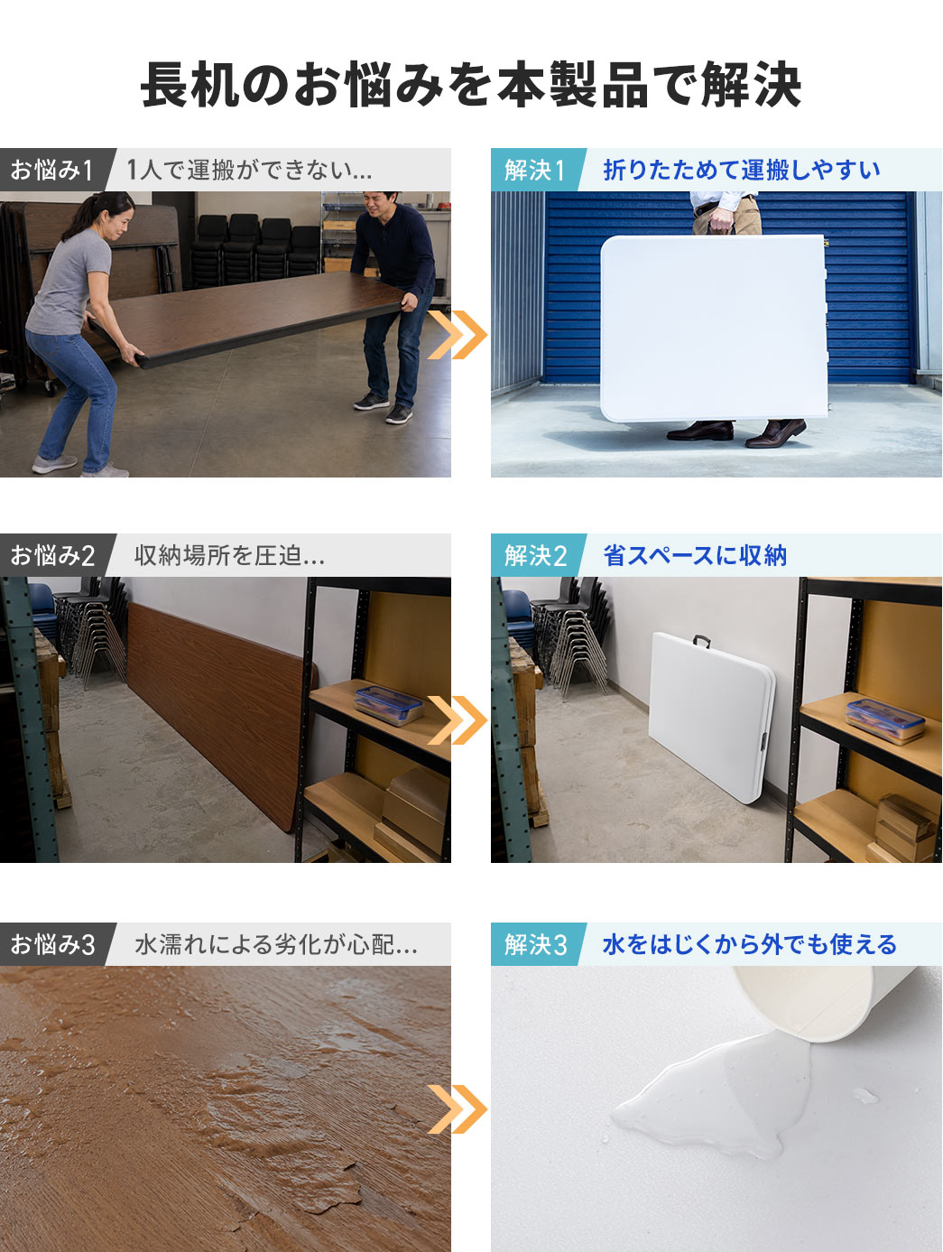 長机のお悩みを本製品で解決。折りたためて運搬しやすく、省スペースに収納できます。水をはじく仕様のため、屋外でも使用できます。