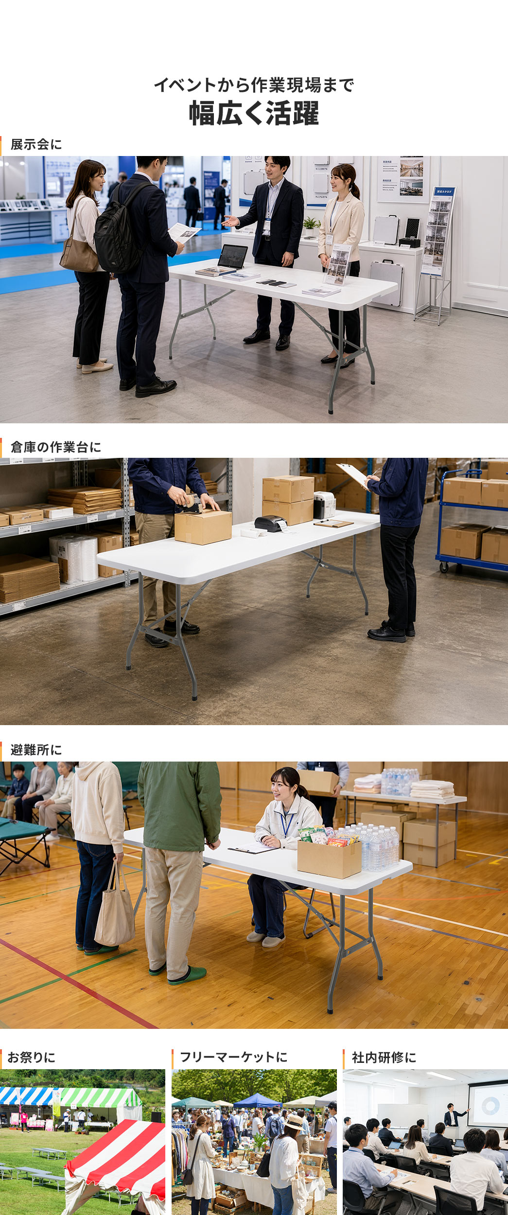 イベントから作業現場まで幅広く活躍します。展示会、倉庫の作業台、避難所などでの使用に最適です。