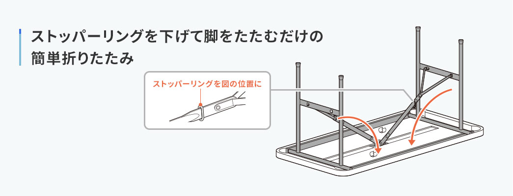 ストッパーリングを下げて脚を折りたたむだけで、簡単に折りたためます。