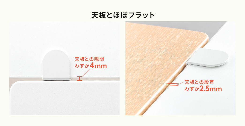 天板との隙間わずか4mm、天板との段差はわずか2.5mmで、天板とほぼフラット。