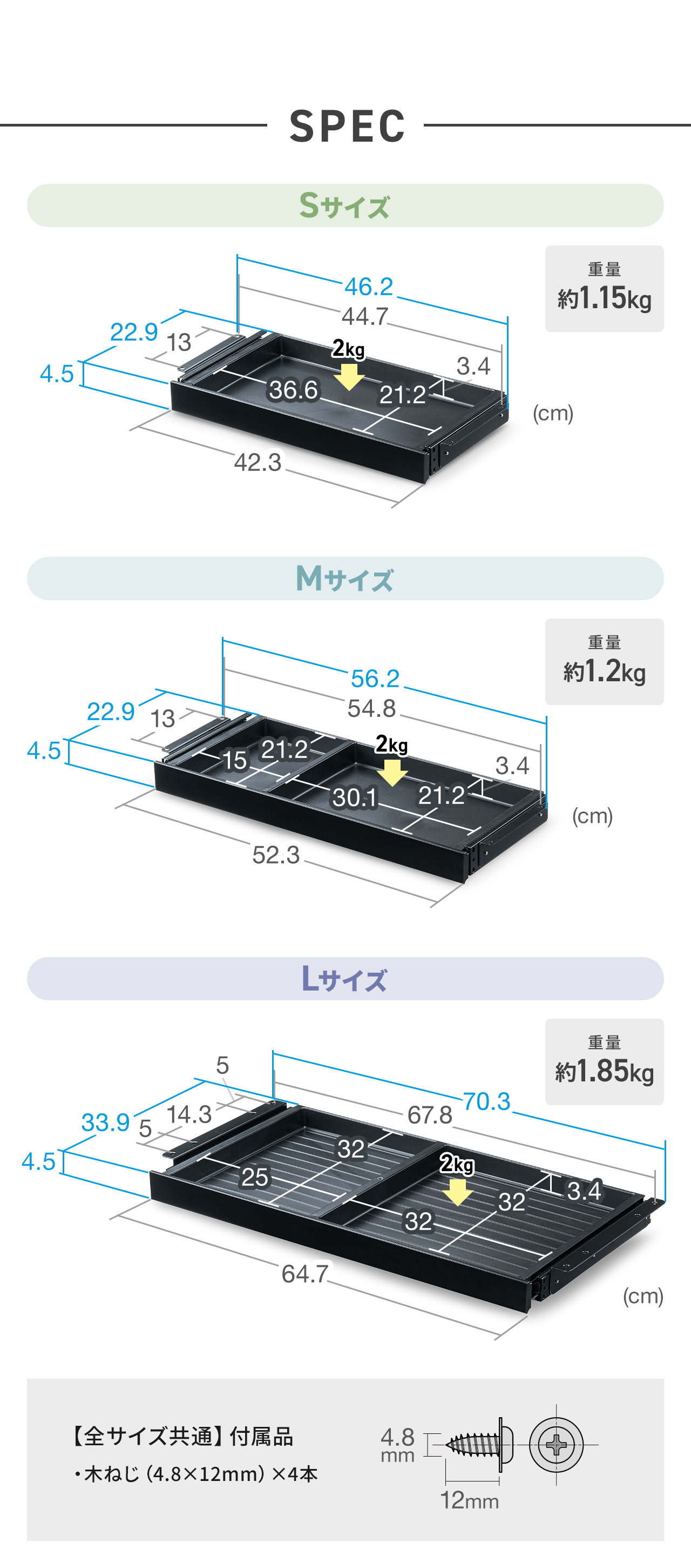 SPEC：Sサイズは幅46.2cm×奥行き22.9cm×高さ4.5cmで重量約1.15kg、Mサイズは幅56.2cm×奥行き22.9cm×高さ4.5cmで重量約1.2kg、Lサイズは幅70.3cm×奥行き33.9cm×高さ4.5cmで重量約1.85kg、全サイズ共通で木ねじ（4.8×12mm）×4本が付属しています。